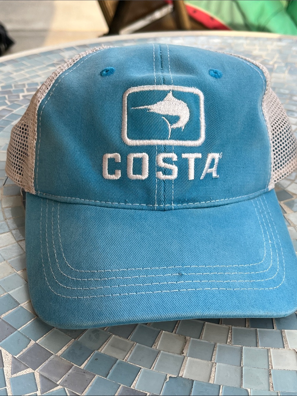 Costa Del Mar Blue White Mesh‎ Trucker Snapback Hat Marlin Fishing Cap
